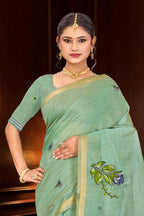 Sangam Prints Mint Green Cotton Blend Woven Work Traditional Saree | Grocsy