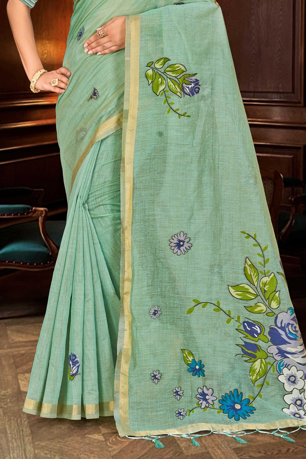 Sangam Prints Mint Green Cotton Blend Woven Work Traditional Saree | Grocsy