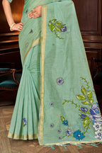 Sangam Prints Mint Green Cotton Blend Woven Work Traditional Saree | Grocsy