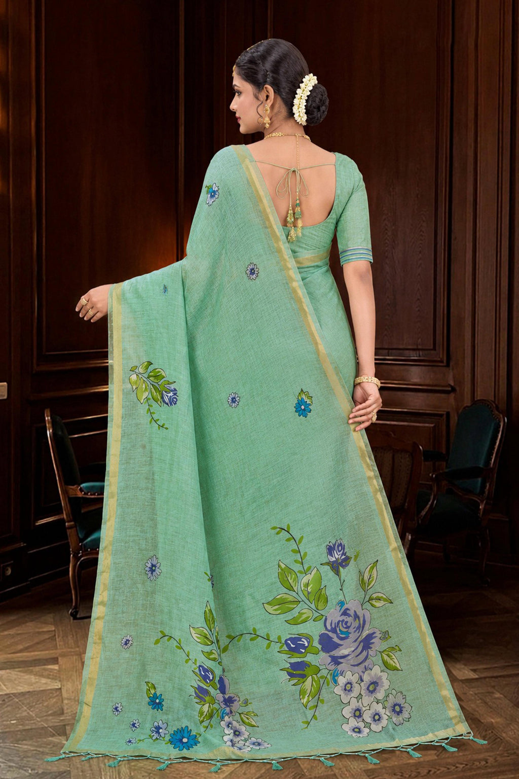 Sangam Prints Mint Green Cotton Blend Woven Work Traditional Saree | Grocsy