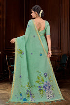 Sangam Prints Mint Green Cotton Blend Woven Work Traditional Saree | Grocsy