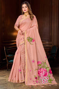 Sangam Prints Dusty Peach Cotton Blend Woven Work Traditional Saree | Grocsy