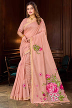 Sangam Prints Dusty Peach Cotton Blend Woven Work Traditional Saree | Grocsy