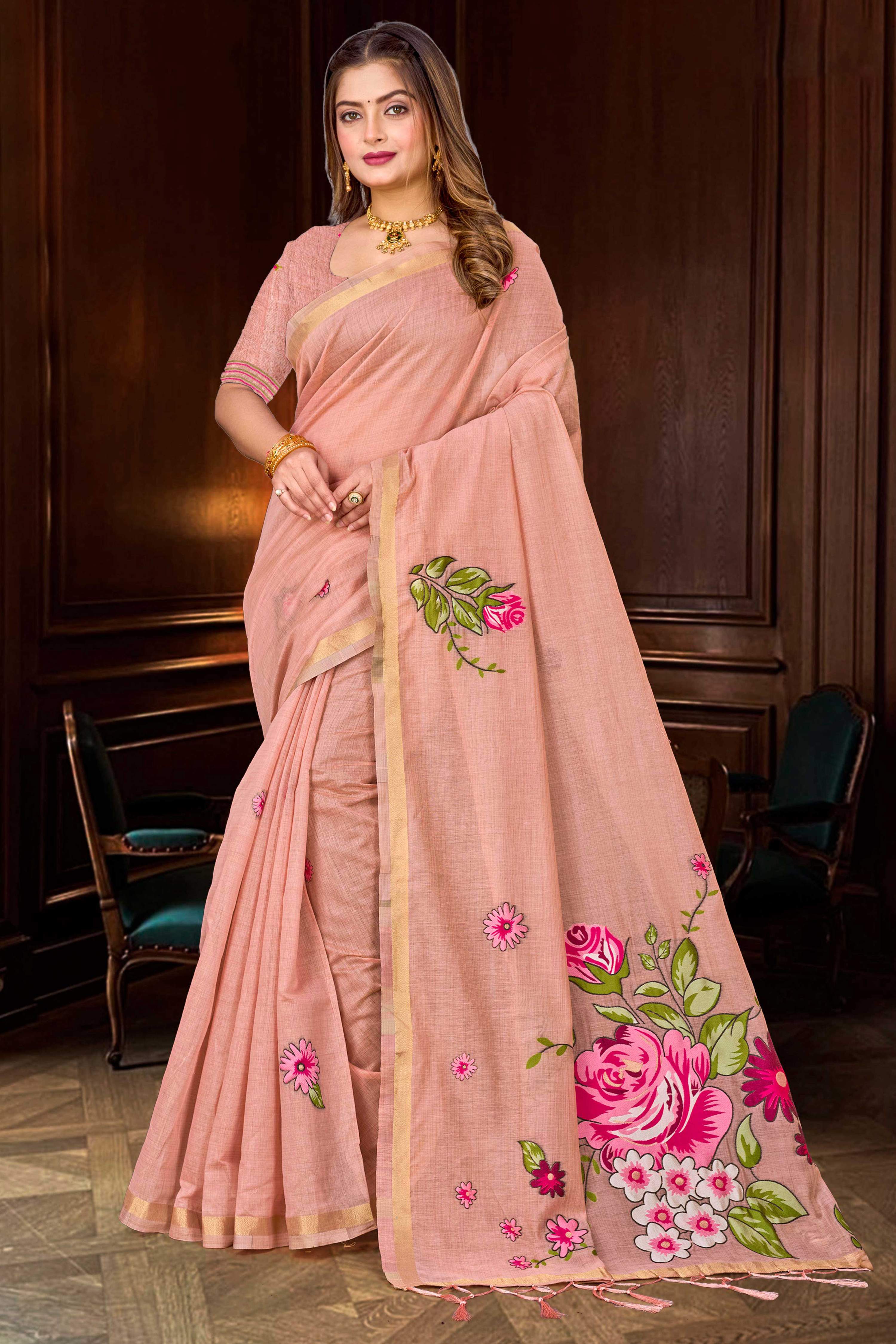 Sangam Prints Dusty Peach Cotton Blend Woven Work Traditional Saree | Grocsy