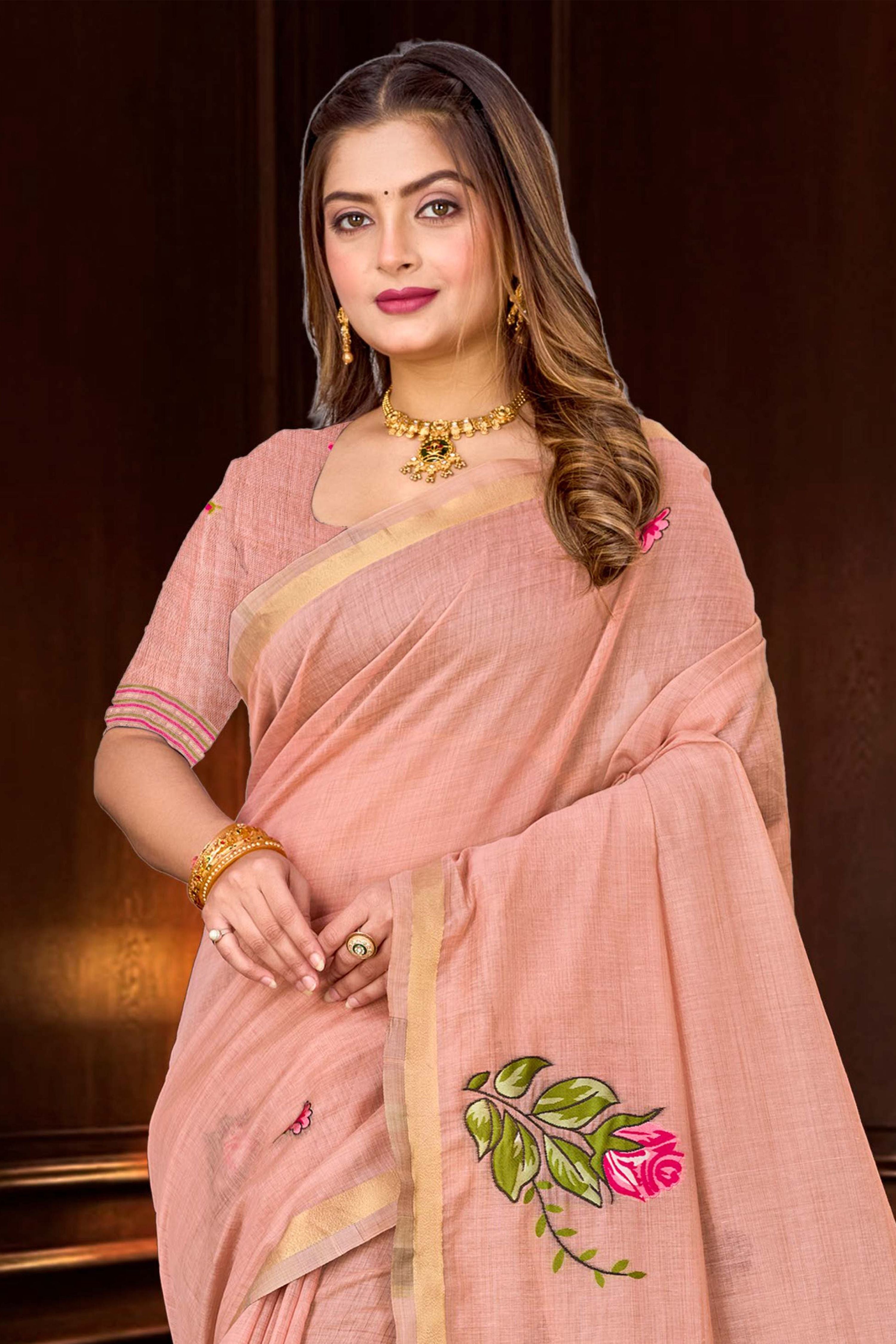 Sangam Prints Dusty Peach Cotton Blend Woven Work Traditional Saree | Grocsy