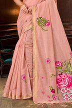 Sangam Prints Dusty Peach Cotton Blend Woven Work Traditional Saree | Grocsy