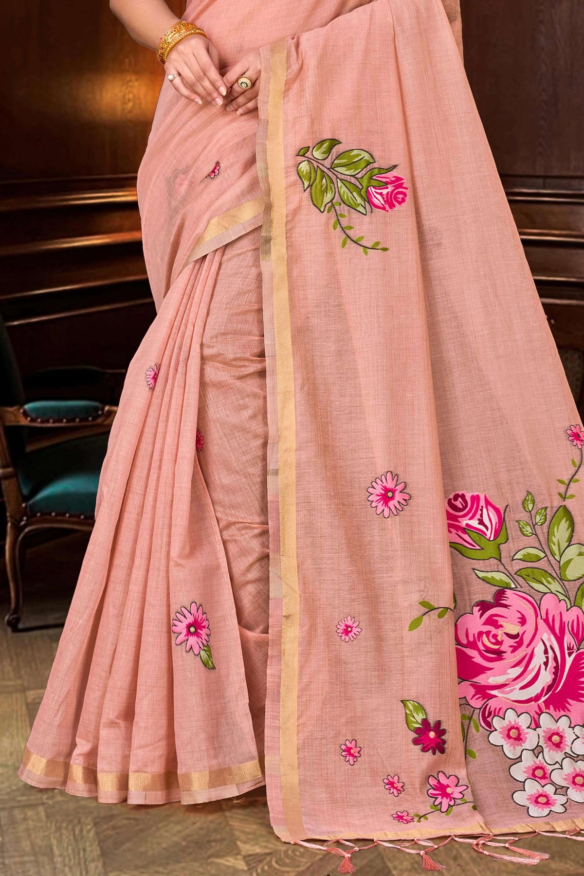 Sangam Prints Dusty Peach Cotton Blend Woven Work Traditional Saree | Grocsy