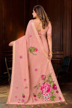 Sangam Prints Dusty Peach Cotton Blend Woven Work Traditional Saree | Grocsy