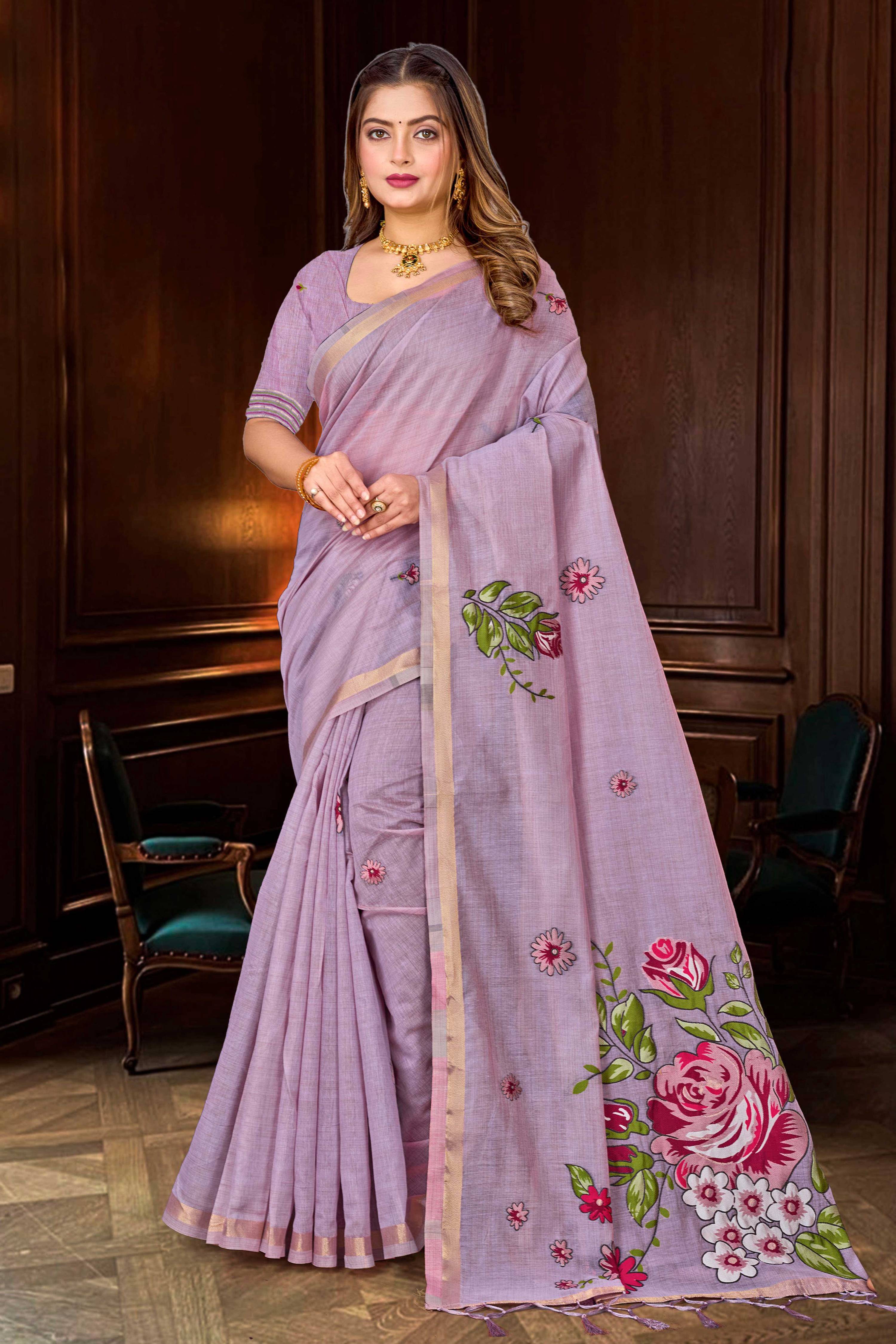 Sangam Prints Lavender Cotton Blend Woven Work Traditional Saree | Grocsy
