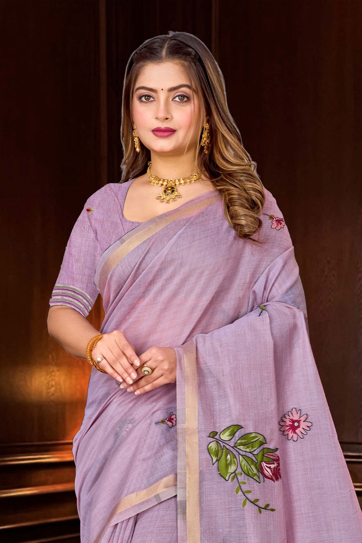 Sangam Prints Lavender Cotton Blend Woven Work Traditional Saree | Grocsy