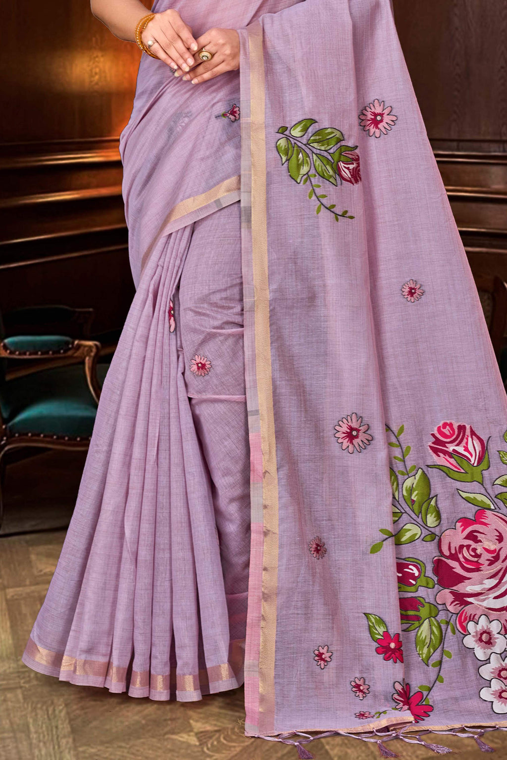 Sangam Prints Lavender Cotton Blend Woven Work Traditional Saree | Grocsy