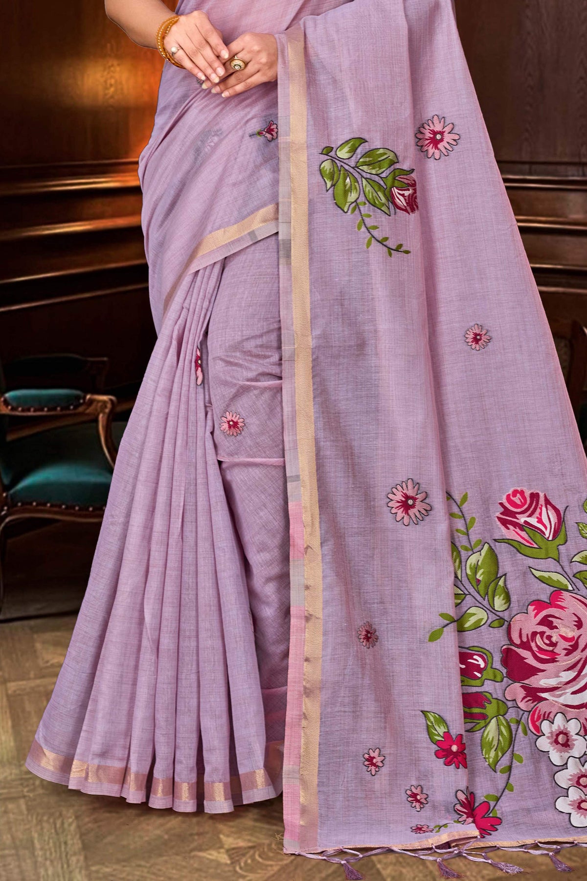 Sangam Prints Lavender Cotton Blend Woven Work Traditional Saree | Grocsy