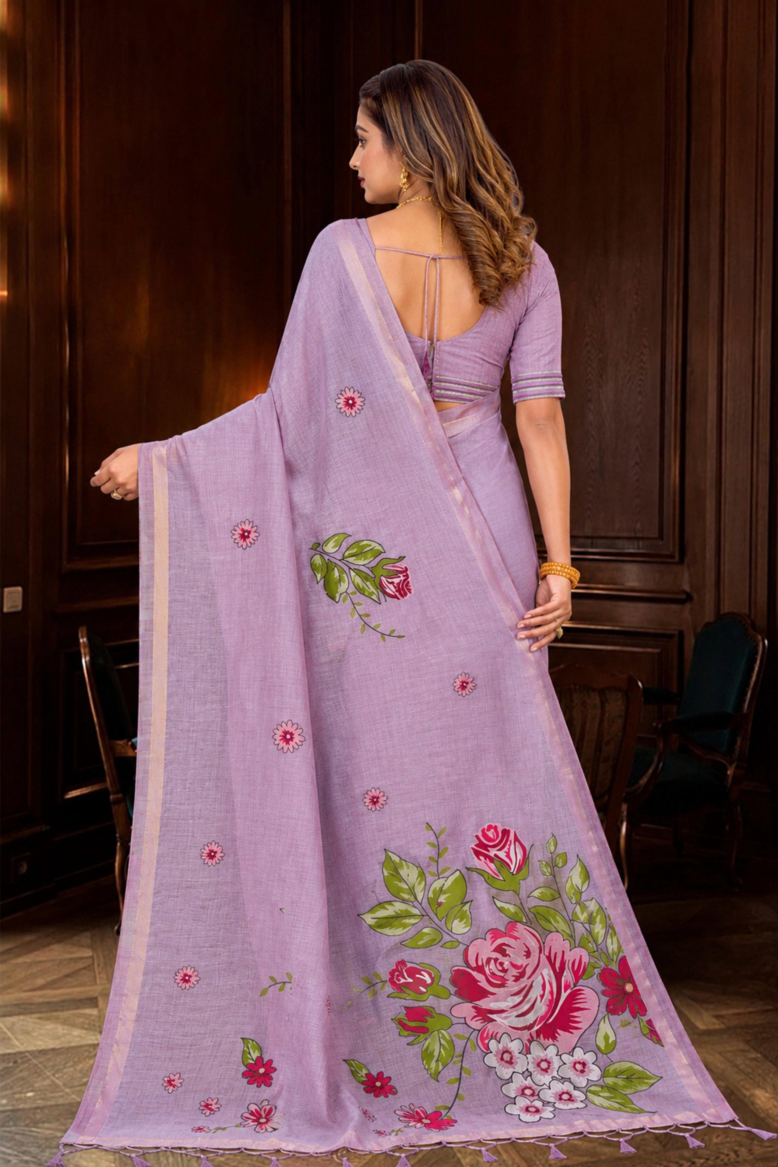 Sangam Prints Lavender Cotton Blend Woven Work Traditional Saree | Grocsy