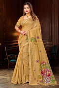 Sangam Prints Beige Gold Cotton Blend Woven Work Traditional Saree | Grocsy