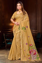 Sangam Prints Beige Gold Cotton Blend Woven Work Traditional Saree | Grocsy