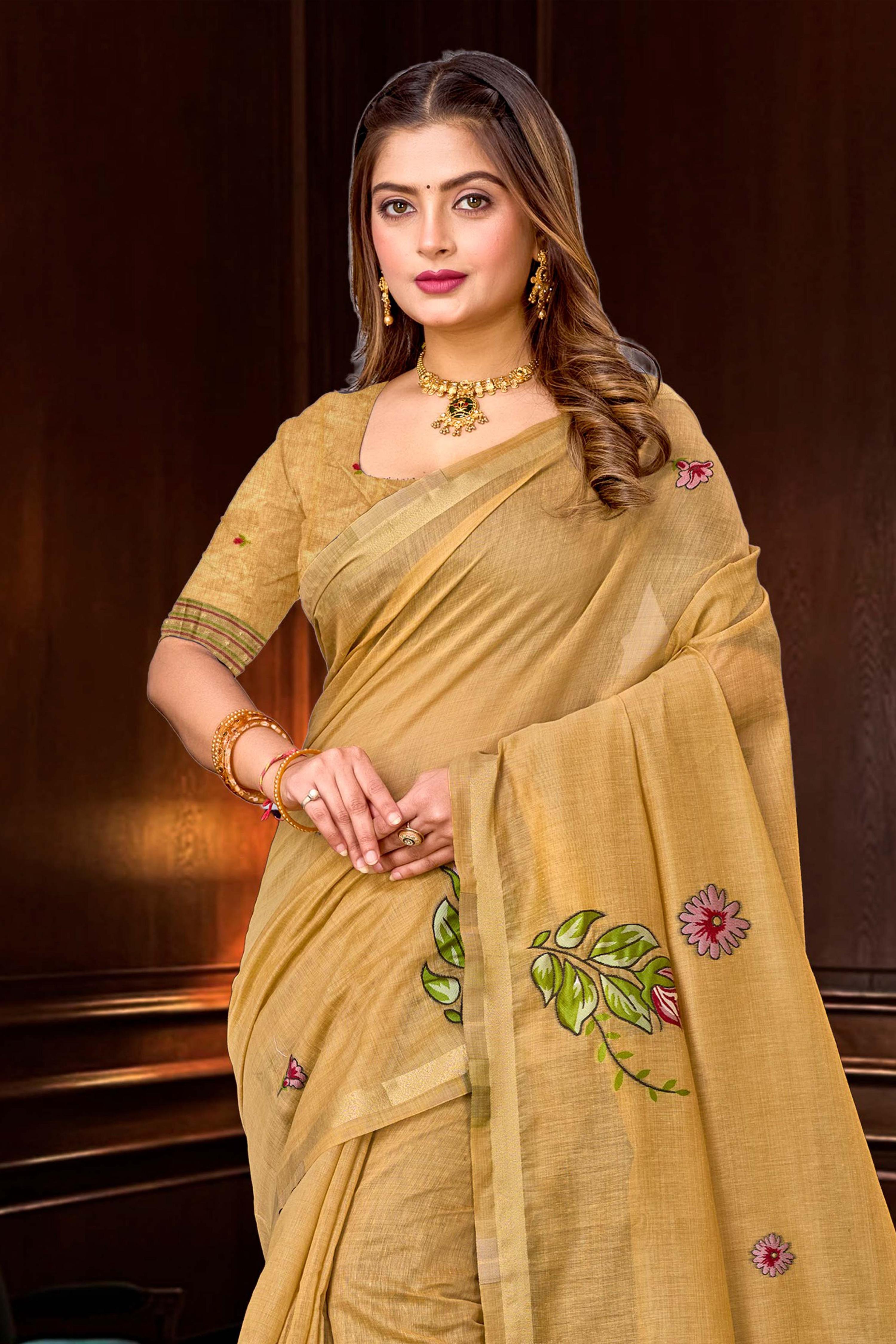 Sangam Prints Beige Gold Cotton Blend Woven Work Traditional Saree | Grocsy