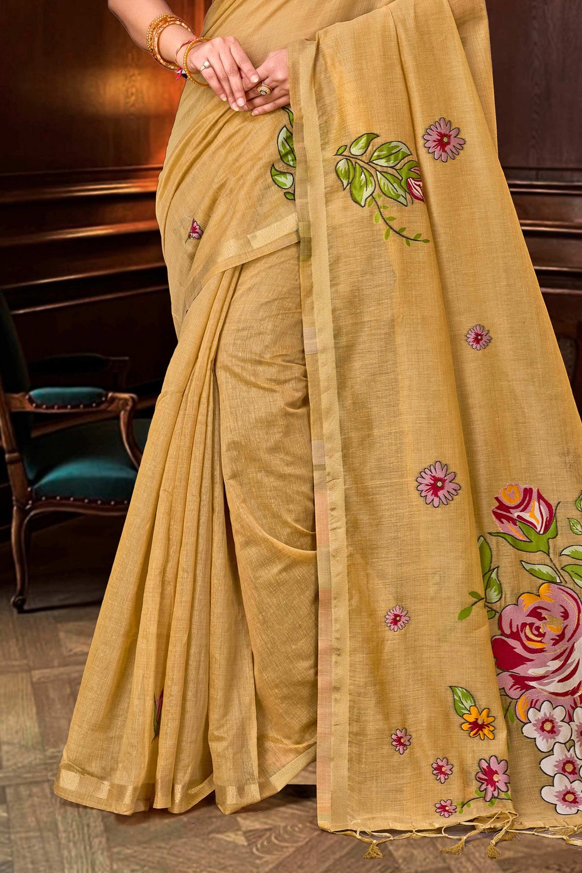 Sangam Prints Beige Gold Cotton Blend Woven Work Traditional Saree | Grocsy