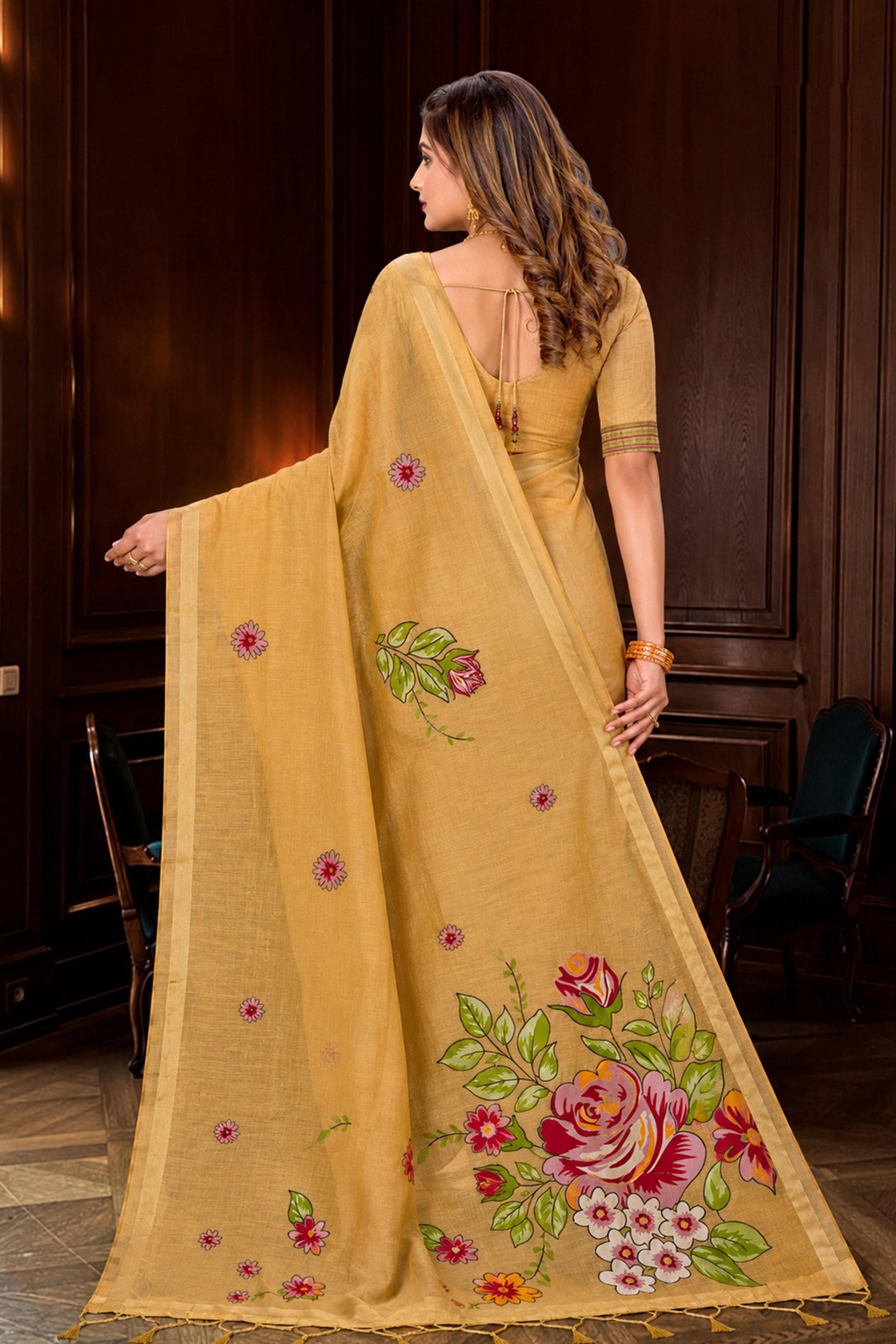 Sangam Prints Beige Gold Cotton Blend Woven Work Traditional Saree | Grocsy