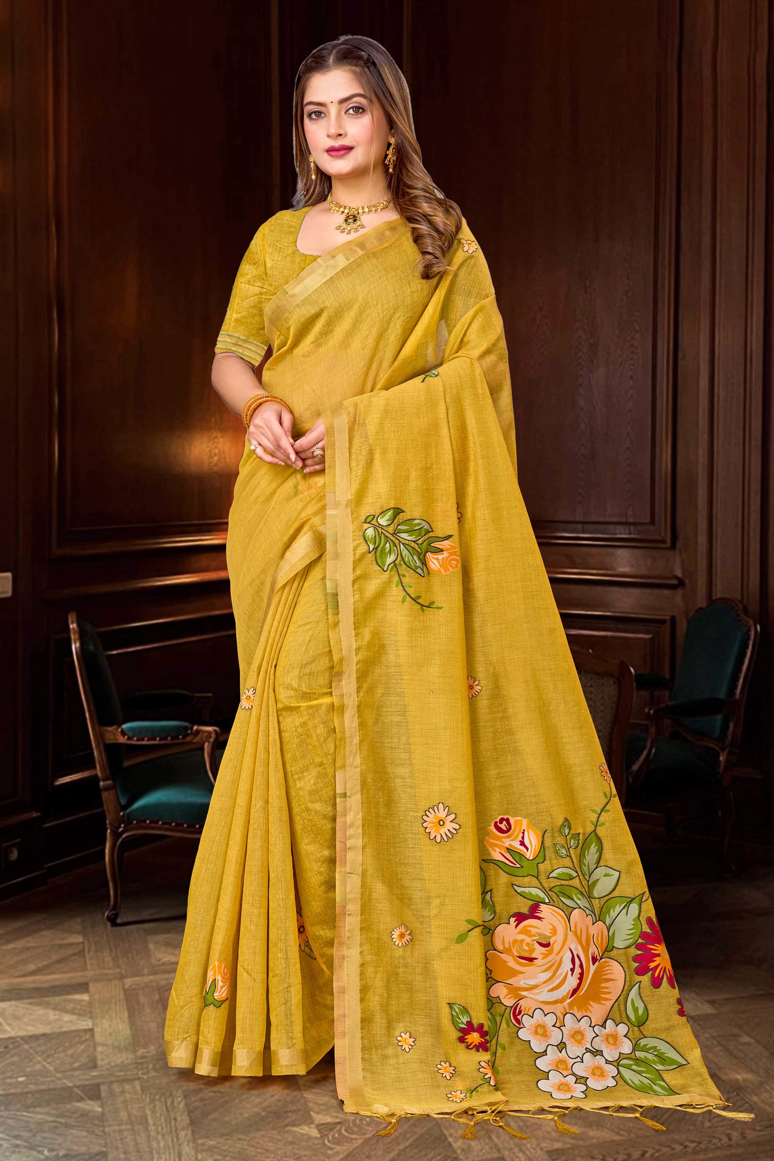 Sangam Prints Haldi Yellow Cotton Blend Woven Work Traditional Saree | Grocsy
