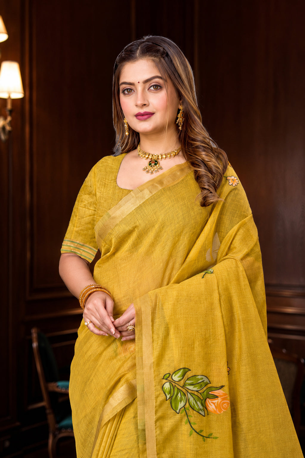 Sangam Prints Haldi Yellow Cotton Blend Woven Work Traditional Saree | Grocsy