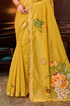 Sangam Prints Haldi Yellow Cotton Blend Woven Work Traditional Saree | Grocsy