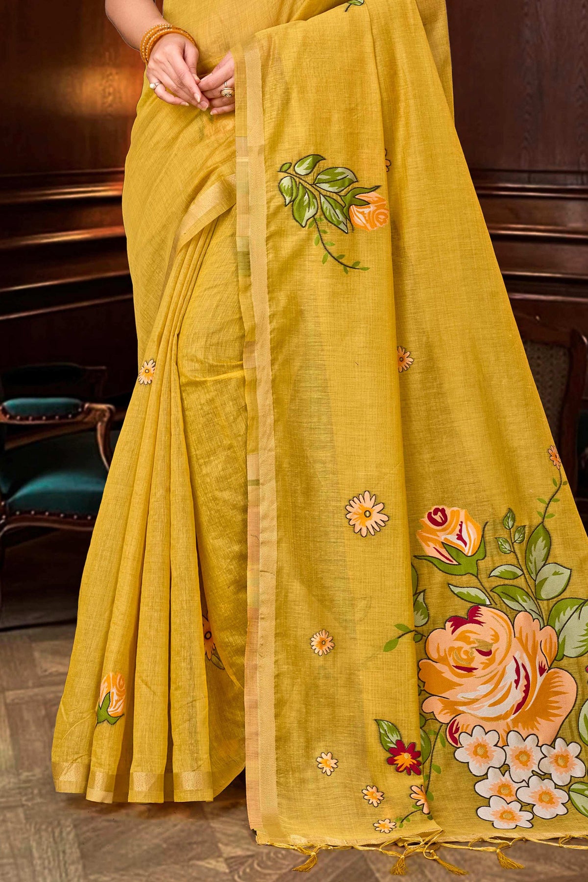 Sangam Prints Haldi Yellow Cotton Blend Woven Work Traditional Saree | Grocsy