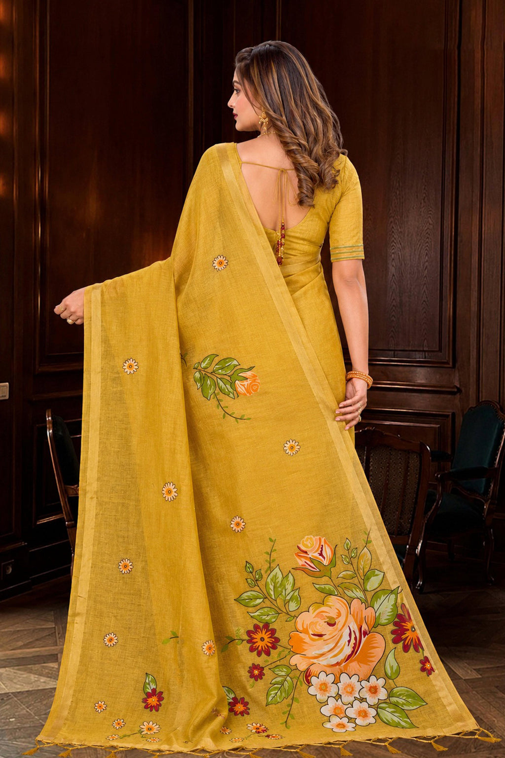 Sangam Prints Haldi Yellow Cotton Blend Woven Work Traditional Saree | Grocsy