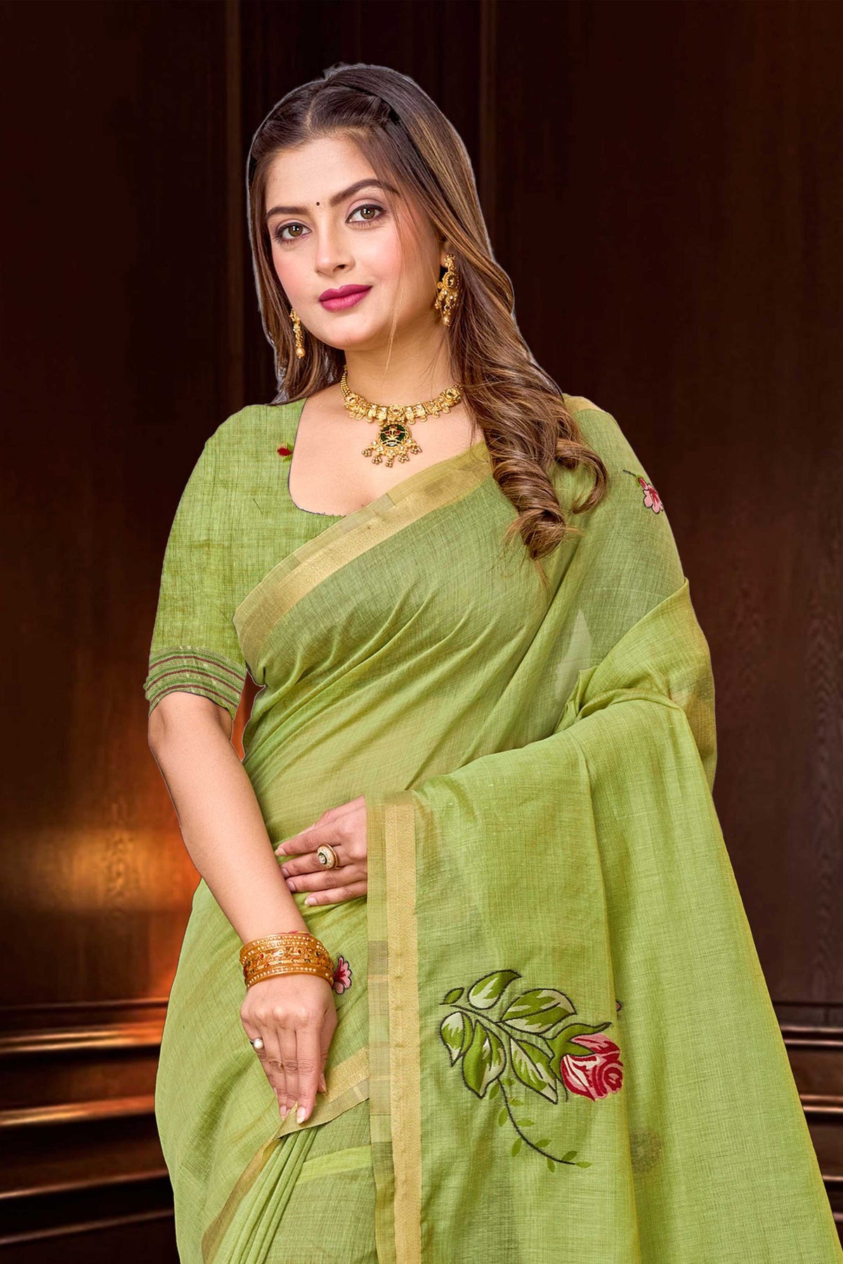 Sangam Prints Green Cotton Blend Woven Work Traditional Saree | Grocsy