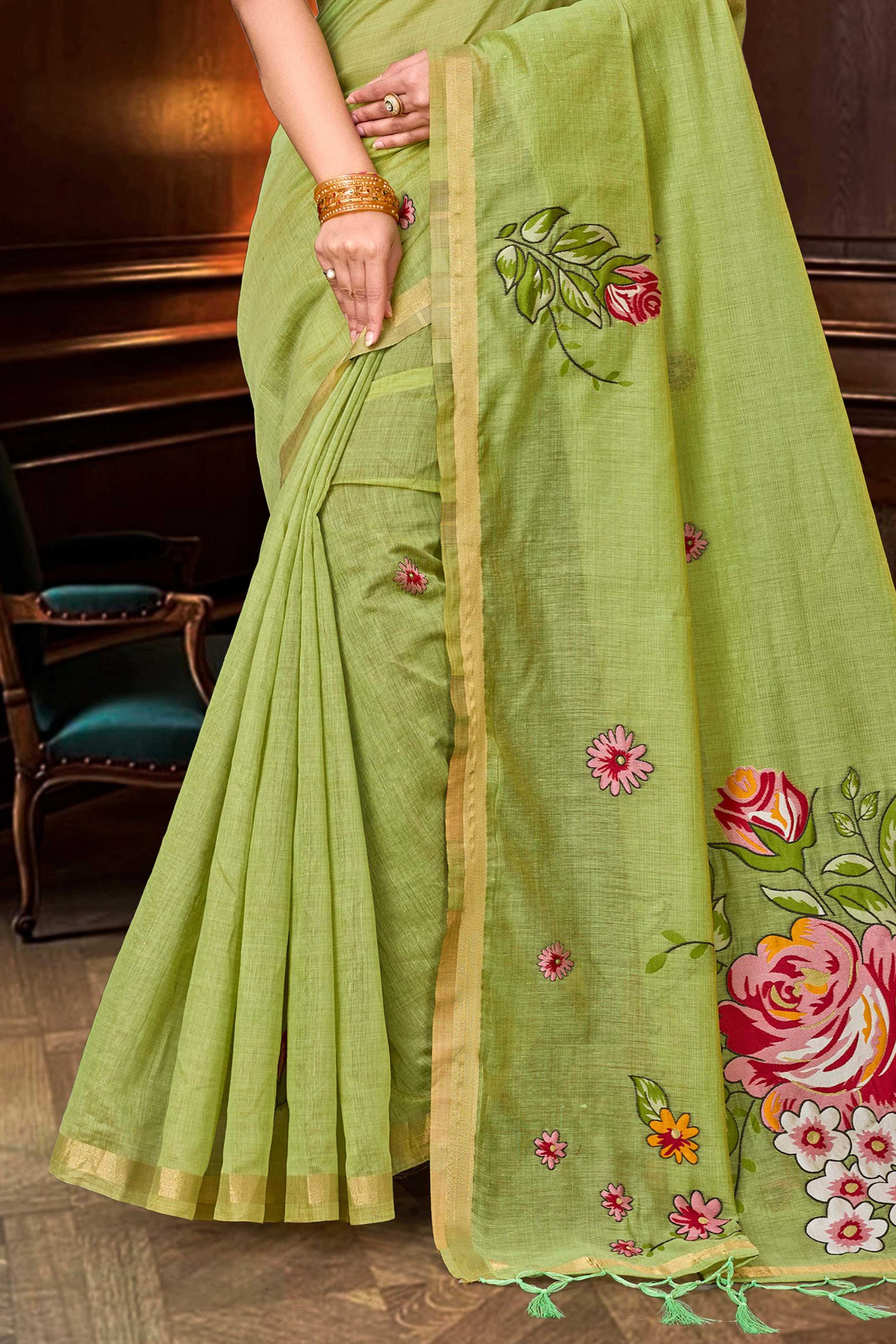 Sangam Prints Green Cotton Blend Woven Work Traditional Saree | Grocsy