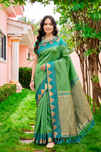 Sangam Prints Leaf Green Silk Woven Work Traditional Saree | Grocsy