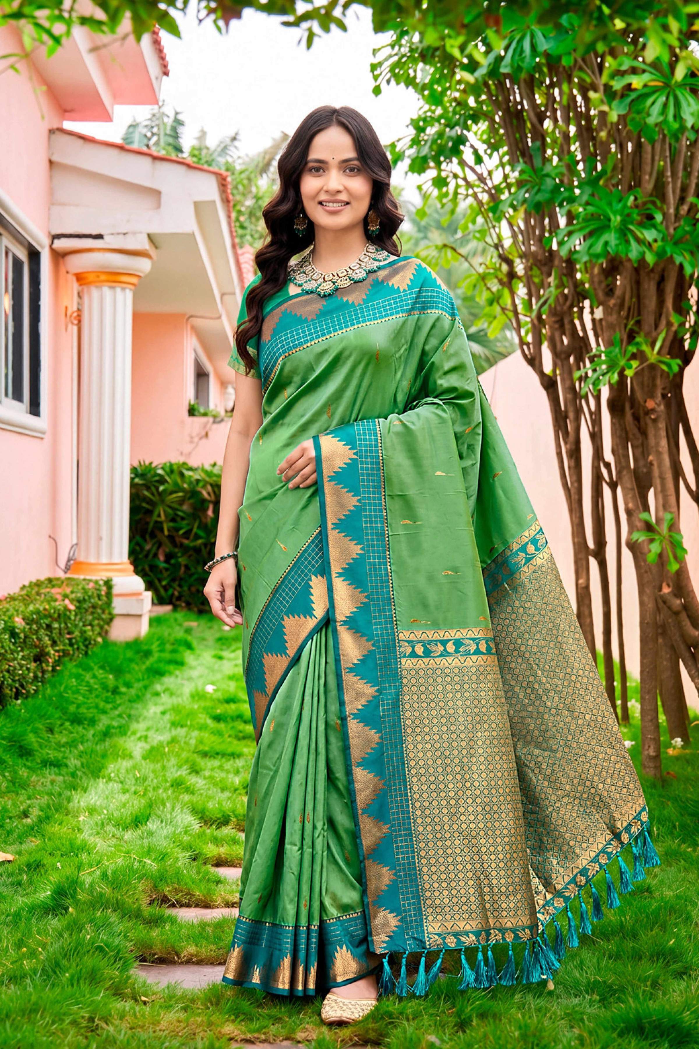 Sangam Prints Leaf Green Silk Woven Work Traditional Saree | Grocsy