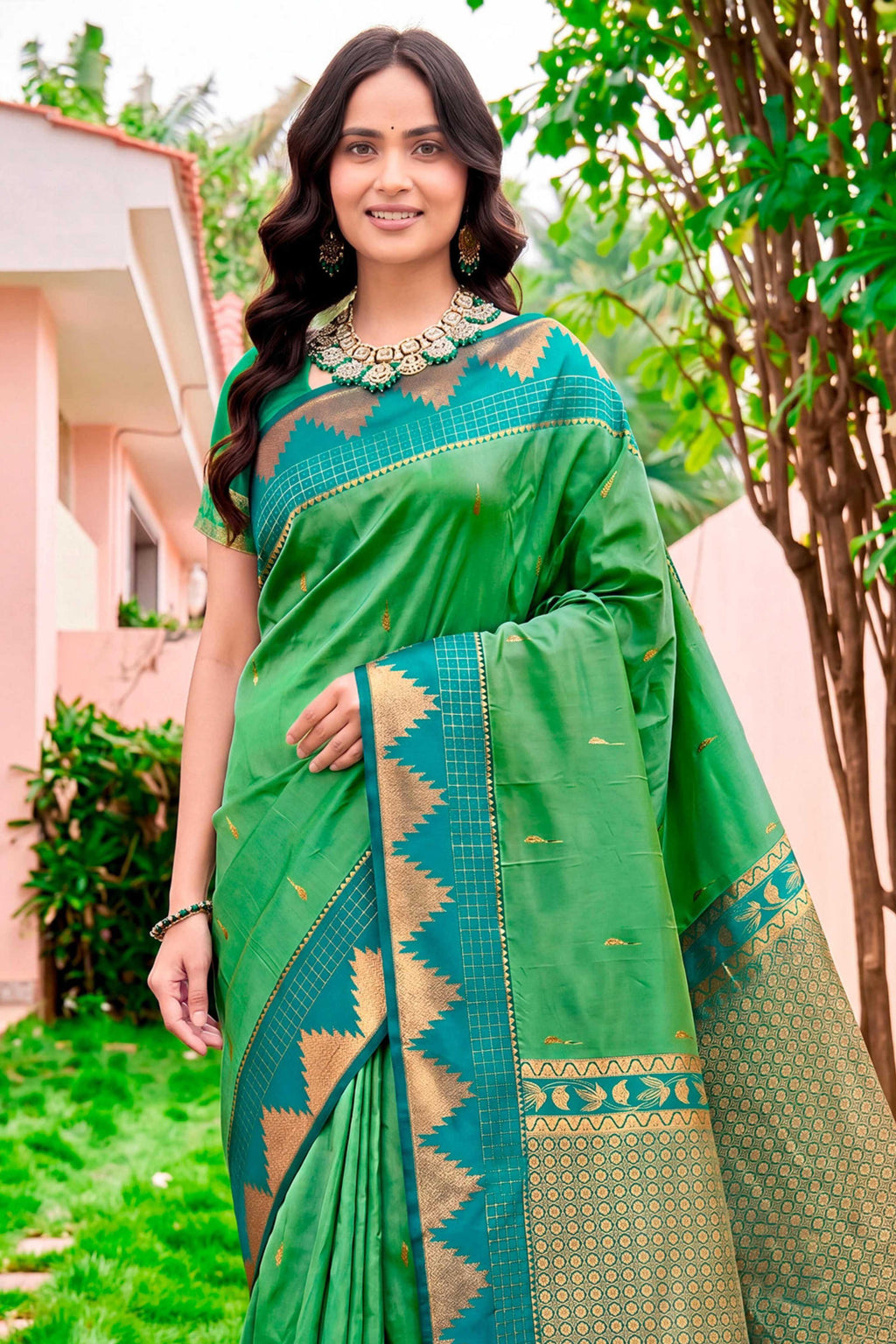 Sangam Prints Leaf Green Silk Woven Work Traditional Saree | Grocsy