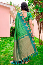 Sangam Prints Leaf Green Silk Woven Work Traditional Saree | Grocsy