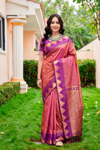 Sangam Prints Rose Pink Silk Woven Work Traditional Saree | Grocsy