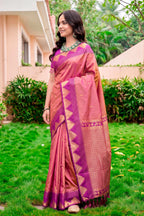 Sangam Prints Rose Pink Silk Woven Work Traditional Saree | Grocsy