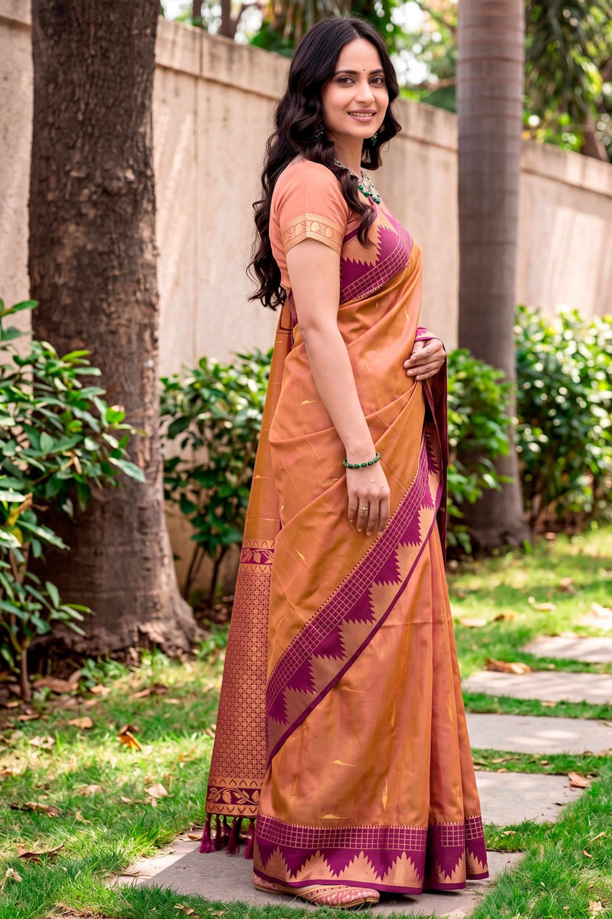 Sangam Prints Copper Brown Silk Woven Work Traditional Saree | Grocsy