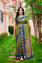 Sangam Prints Olive Green Silk Woven Work Traditional Saree | Grocsy