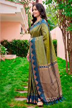 Sangam Prints Olive Green Silk Woven Work Traditional Saree | Grocsy