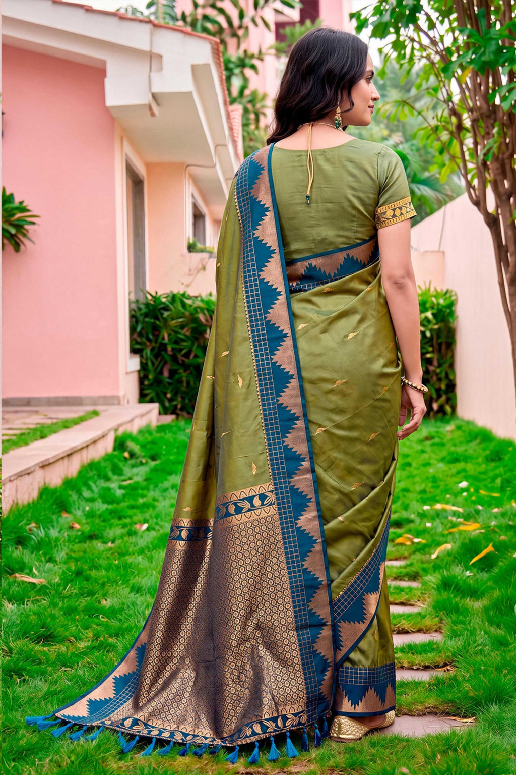 Sangam Prints Olive Green Silk Woven Work Traditional Saree | Grocsy