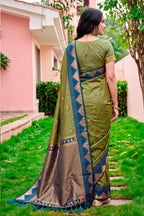 Sangam Prints Olive Green Silk Woven Work Traditional Saree | Grocsy