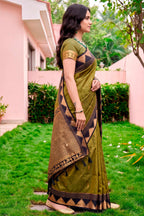 Sangam Prints Dark Olive Green Silk Woven Work Traditional Saree | Grocsy