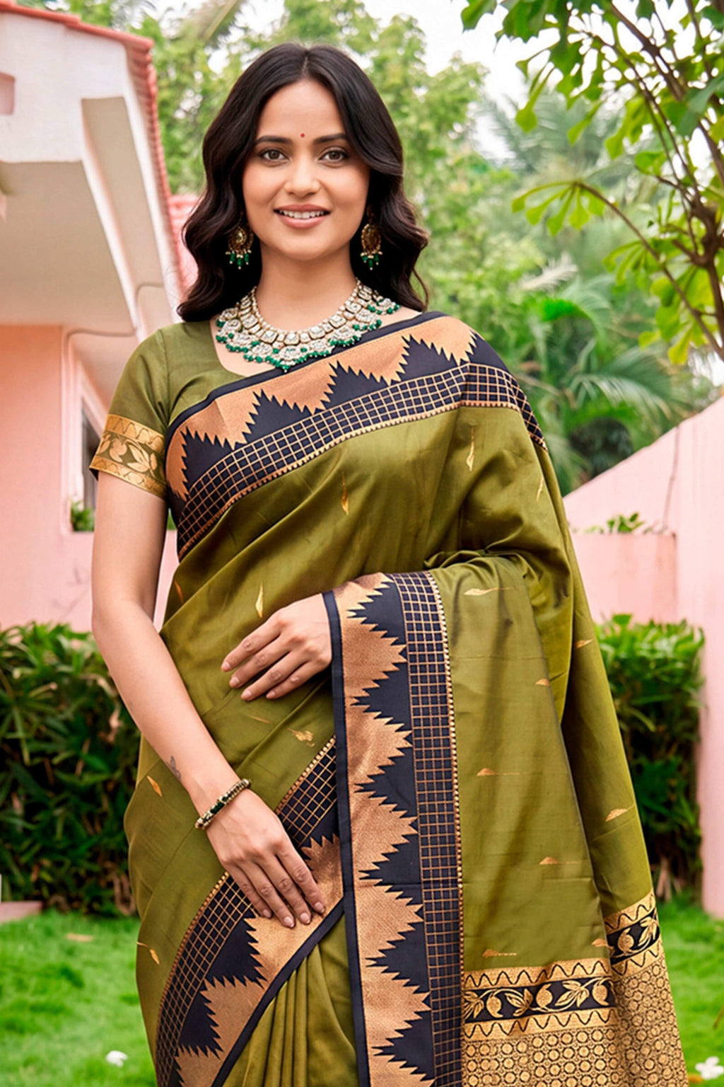 Sangam Prints Dark Olive Green Silk Woven Work Traditional Saree | Grocsy