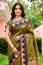 Sangam Prints Dark Olive Green Silk Woven Work Traditional Saree | Grocsy