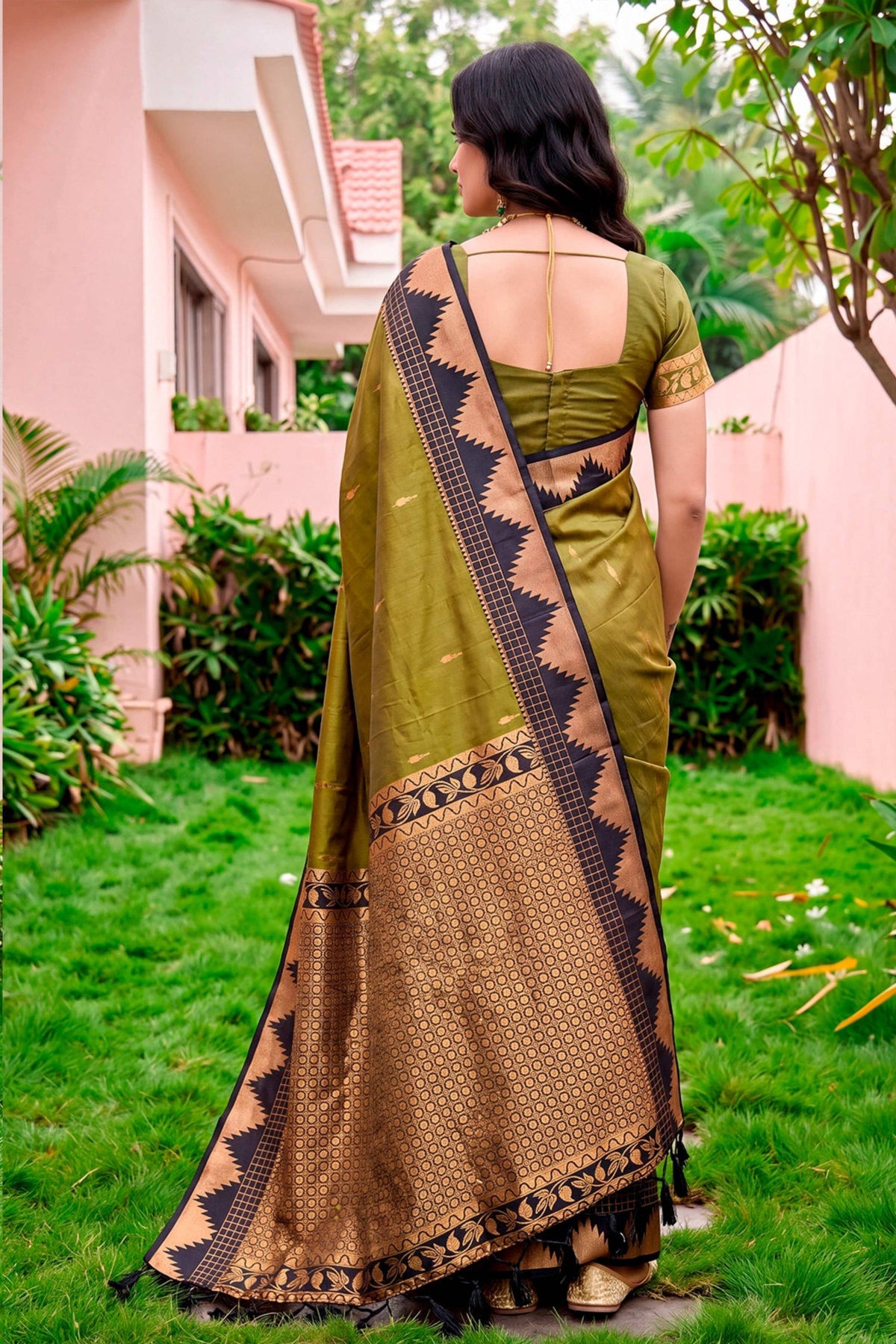 Sangam Prints Dark Olive Green Silk Woven Work Traditional Saree | Grocsy
