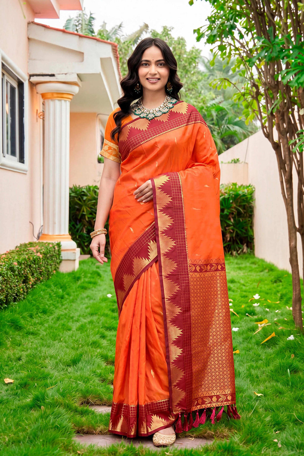 Sangam Prints Bright Orange Silk Woven Work Traditional Saree | Grocsy