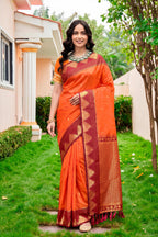 Sangam Prints Bright Orange Silk Woven Work Traditional Saree | Grocsy