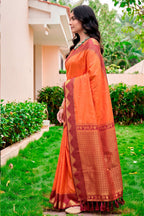 Sangam Prints Bright Orange Silk Woven Work Traditional Saree | Grocsy