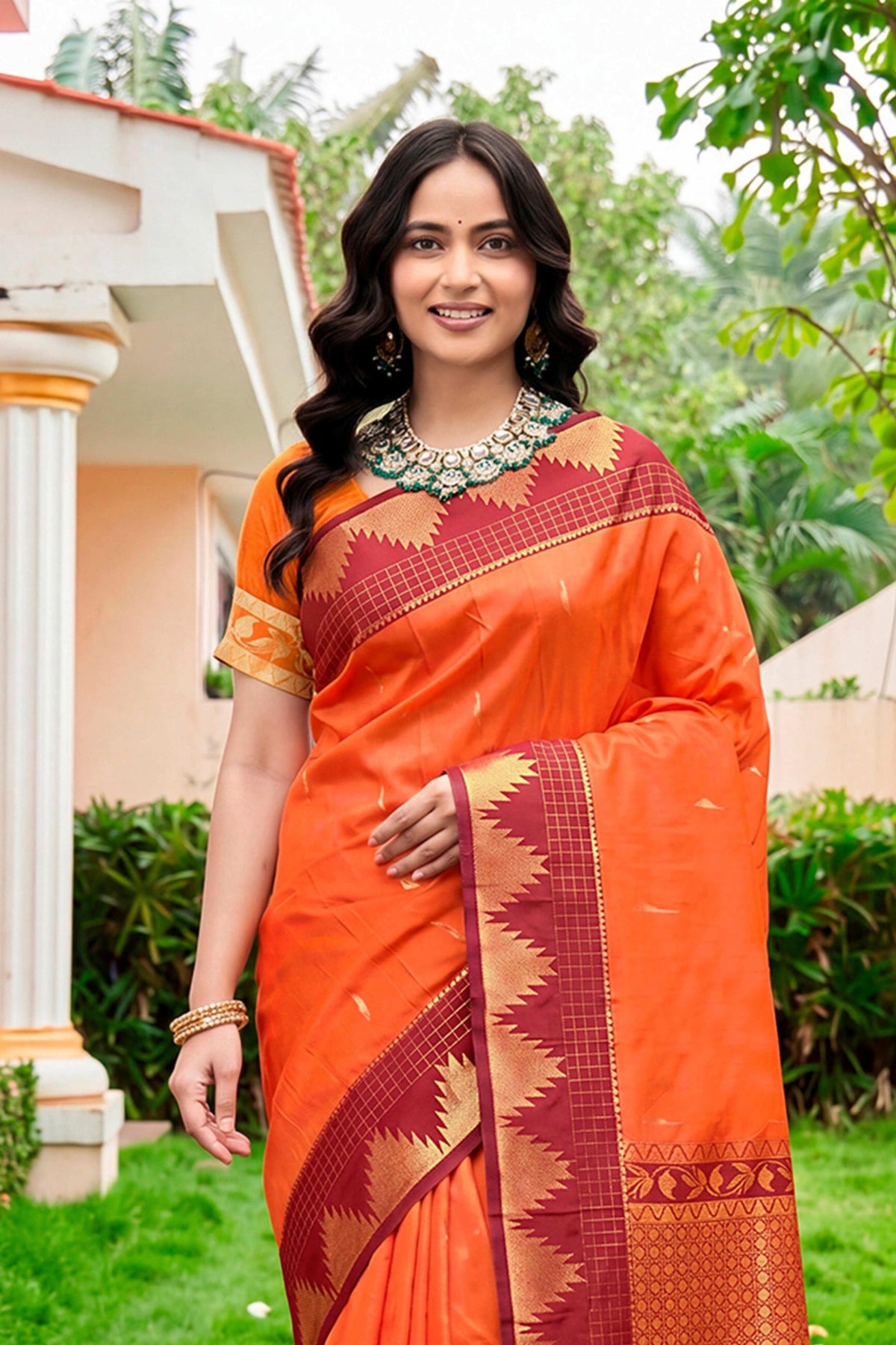 Sangam Prints Bright Orange Silk Woven Work Traditional Saree | Grocsy