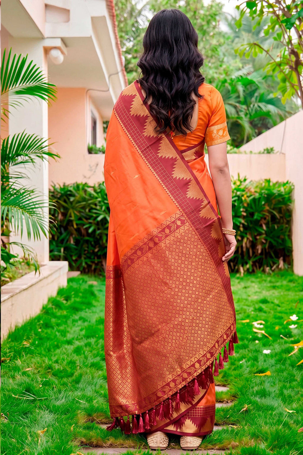 Sangam Prints Bright Orange Silk Woven Work Traditional Saree | Grocsy