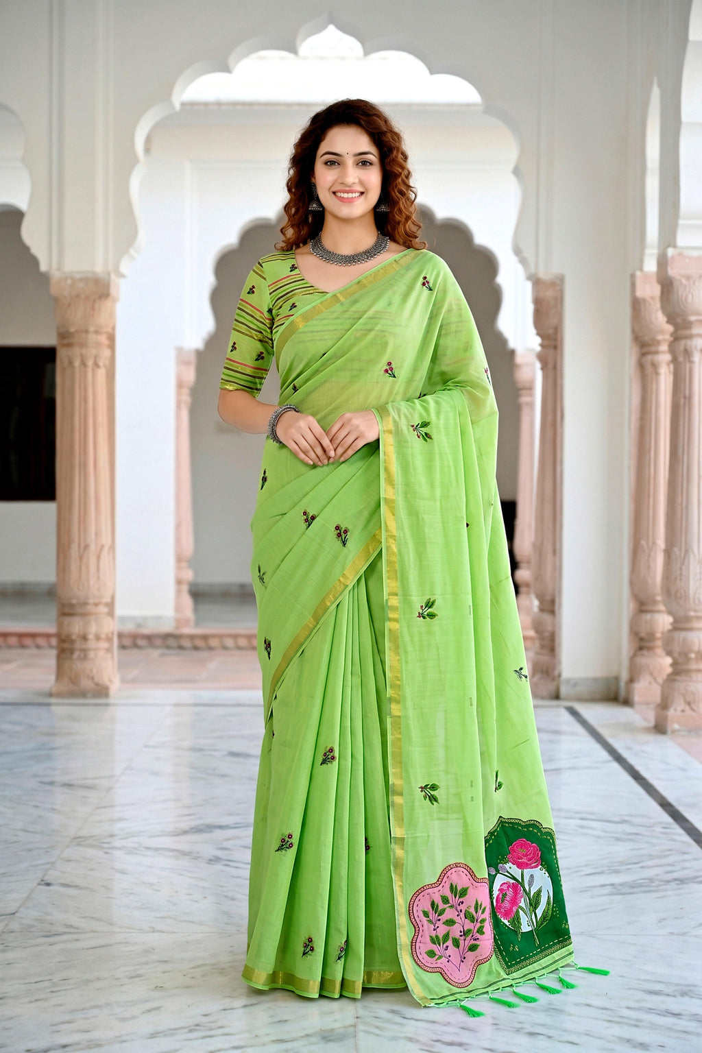 Sangam Prints Parrot Green Cotton Blend Woven Work Traditional Saree | Grocsy